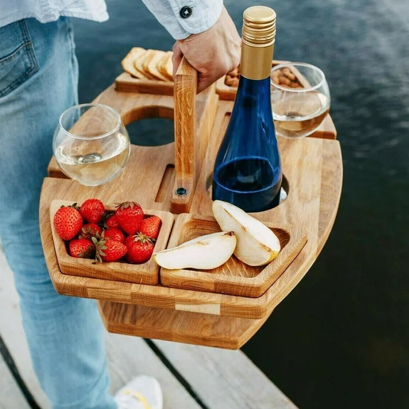 Portable Wooden Wine & Picnic Table with Carry Handle for Outdoor Dining | Folding Wine Caddy Tray for Beach, Park, Camping | Solid Wood | Thomler