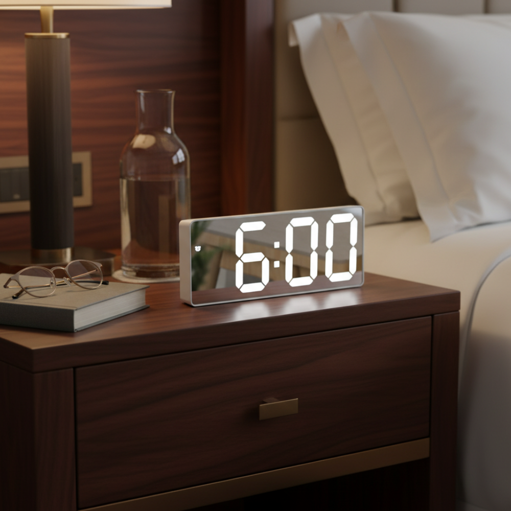 Mirrored LED Bedside Clock – Time, Temp & Alarm Display | Thomler