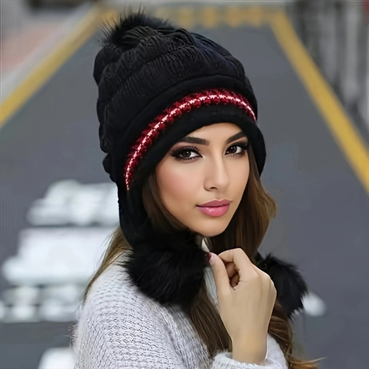 Cable-Knit Beanie with Earflaps & Fluffy Pom-Pom – Plush Inner Lining for Women | Slouchy Knit Cap for Cold Days | Thomler