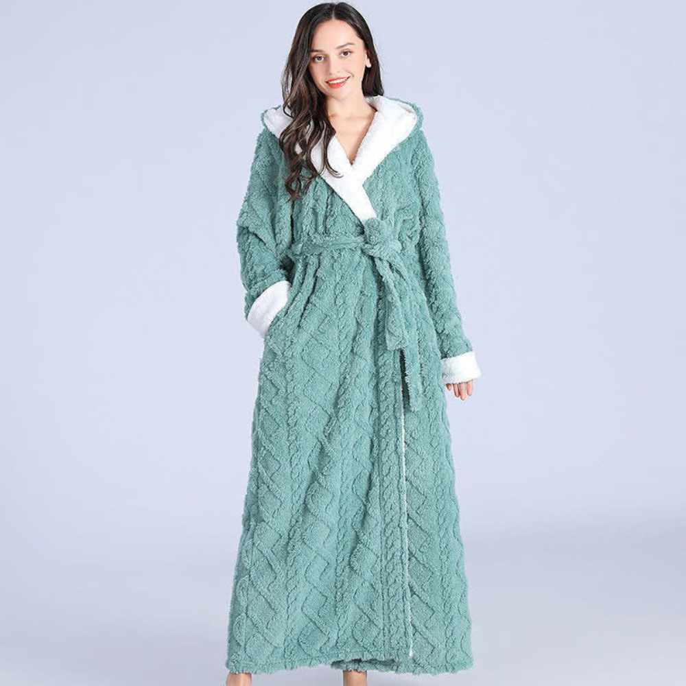 Women's Hooded Fleece Bath Robe with Pockets Long Soft Loungewear for Home & Spa Gray Pink Purple Green Winter Wrap | Thomler