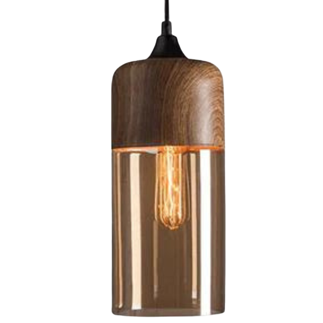 Glass Pendant Light with Wood-Look Metal – Scandinavian Hanging Fixture for Dining Room, Bedroom & Living Room | Thomler