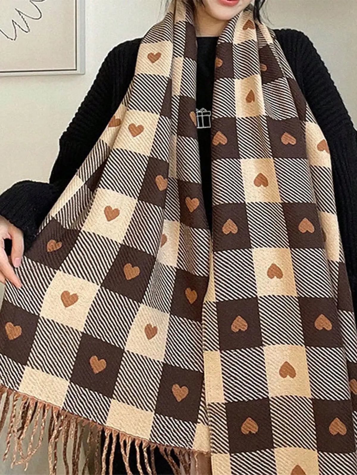 Lightweight Plaid Heart Pattern Cold Weather Wrap for Women – One Size Fits All | Thomler