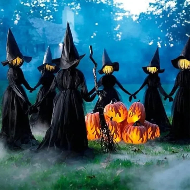 Sound-Activated Witch Trio Garden Stakes with Glowing Heads for Halloween Yard Decor | Thomler