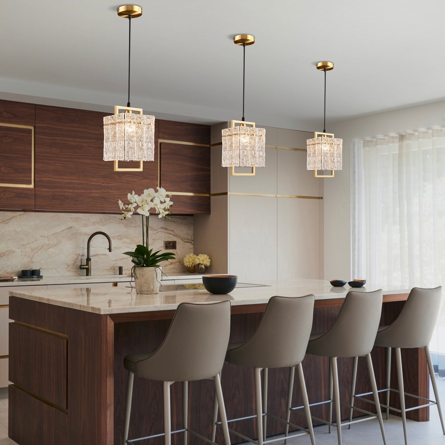 Square Cage Pendant Light Fixture with Textured Glass Shade & Gold Frame for Dining Room, Kitchen Island, Bedroom | Thomler