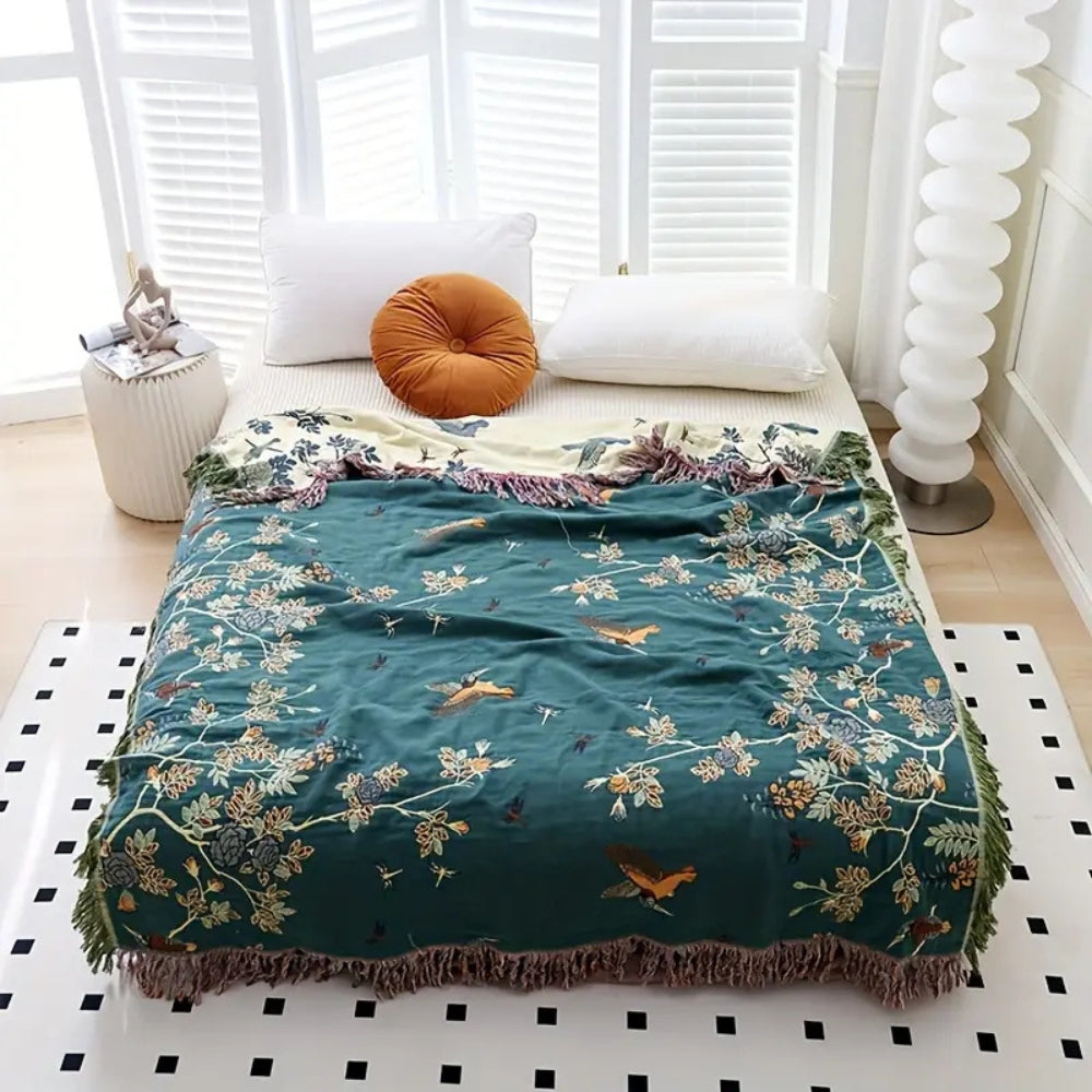 Layered Cotton Gauze Throw Blanket with Tassels – Jacquard Textured Woven Coverlet for Bed Couch Sofa Living Room Bedroom Decor | Thomler