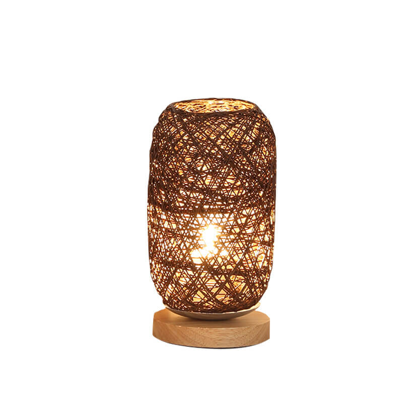 Woven Rattan Table Lamp with Wood Base & Metal Frame – Plug-In LED Desk Light for Bedroom, Living Room & Office | Thomler