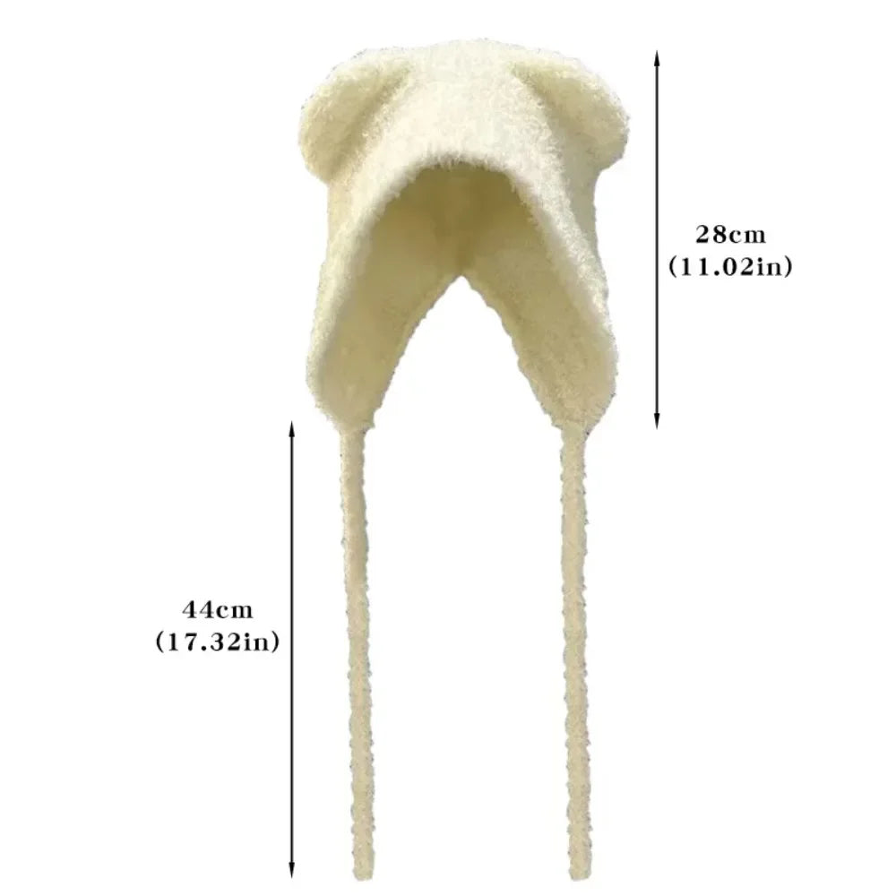 Hooded Knit Cap with Plush Animal Ears – Cozy Tie-Front Winter Hood for Women | Thomler