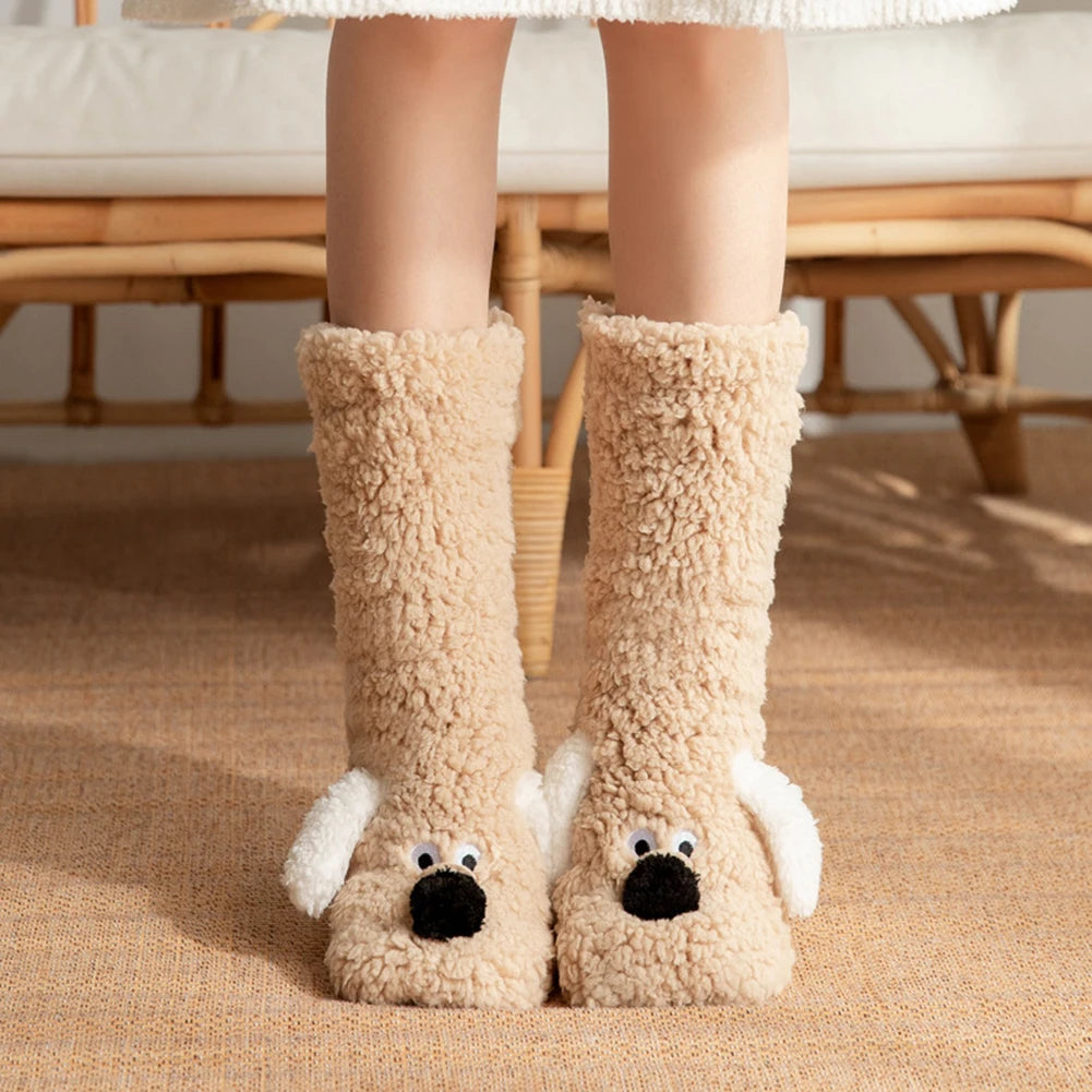 Plush Animal Socks with 3D Puppy Ears – Soft Fleece Winter Footwear for Women & Teens | Thomler