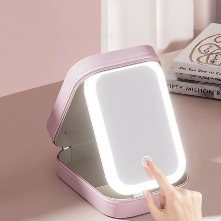 Lighted Makeup Travel Case with LED Mirror & Organizer Compartments for Beauty Products, Cosmetics Storage, On-the-Go Touch-Up Kit | Thomler