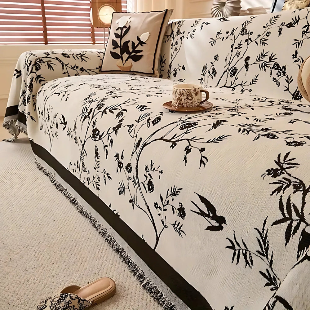 Textured Chenille Sofa Throw Blanket with Tassels – Floral Jacquard Couch Cover for Living Room, Pet-Friendly & Anti-Slip | Thomler