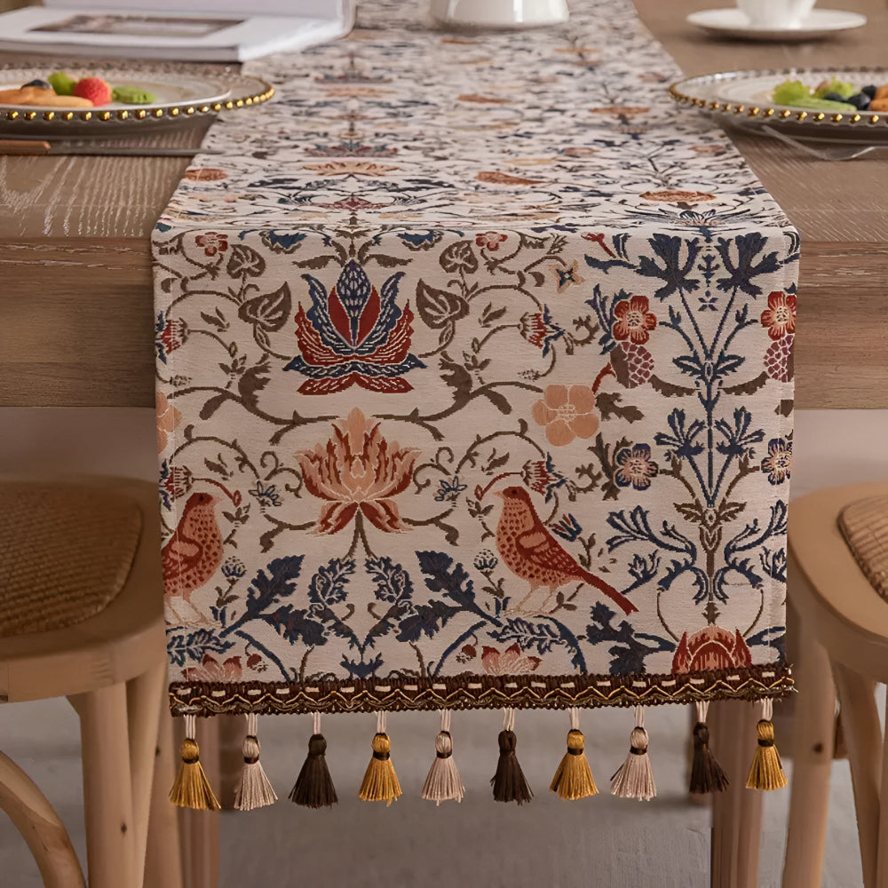 Woven Jacquard Table Runner with Tassels - Floral Bird Pattern for Dining & Coffee Tables - Vintage Countryside Design - Tassel Trim | Thomler