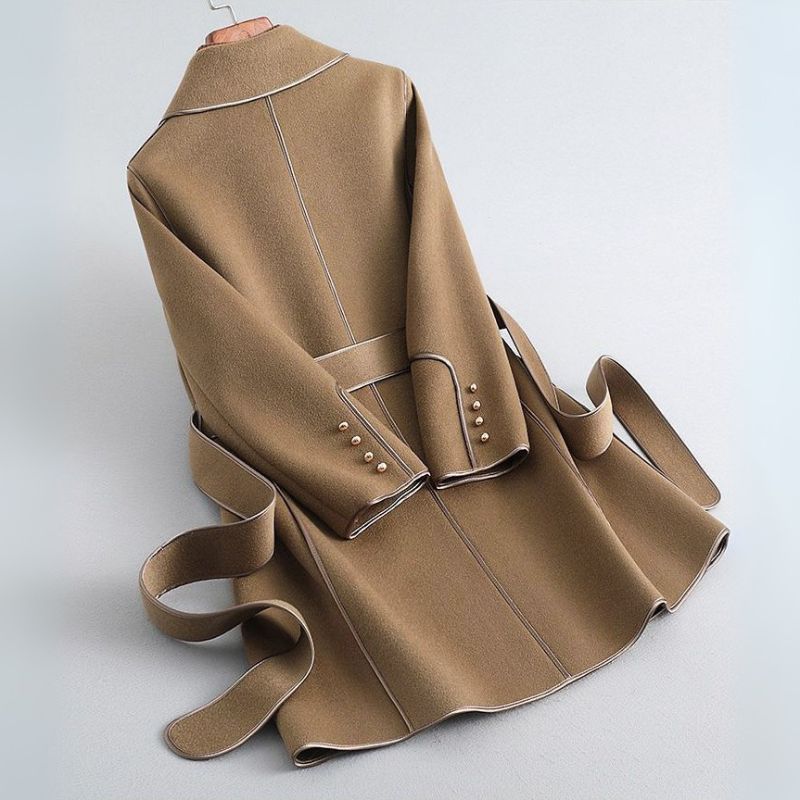 Women's Knee-Length Wool Overcoat with Waist Tie & Mini Handbag – Structured Lapel Jacket for Fall & Winter | Thomler