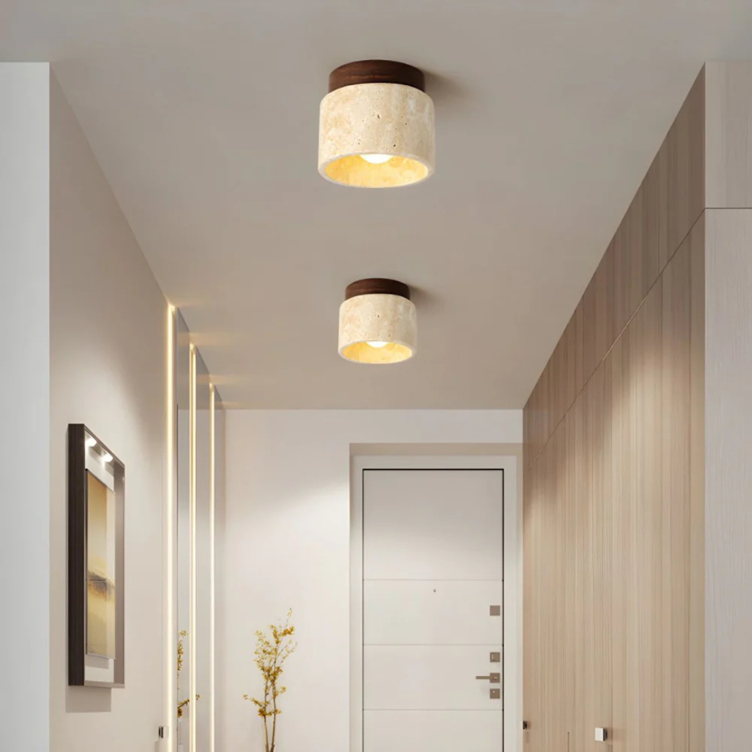 Plafondlamp Travertin Cilinder Met Houten Accent E27 12cm | Sansoti