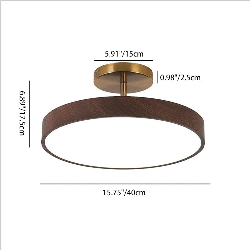 Round Iron Ceiling Light with Wood Grain Finish - Integrated LED Semi-Flush for Bedroom, Living Room & Hallway | Thomler