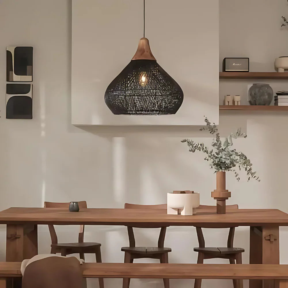 Pendant Light Rattan 19.7 in Handwoven Natural Dining Room Kitchen Island Hanging Ceiling Lamp Boho Rustic Organic | Thomler