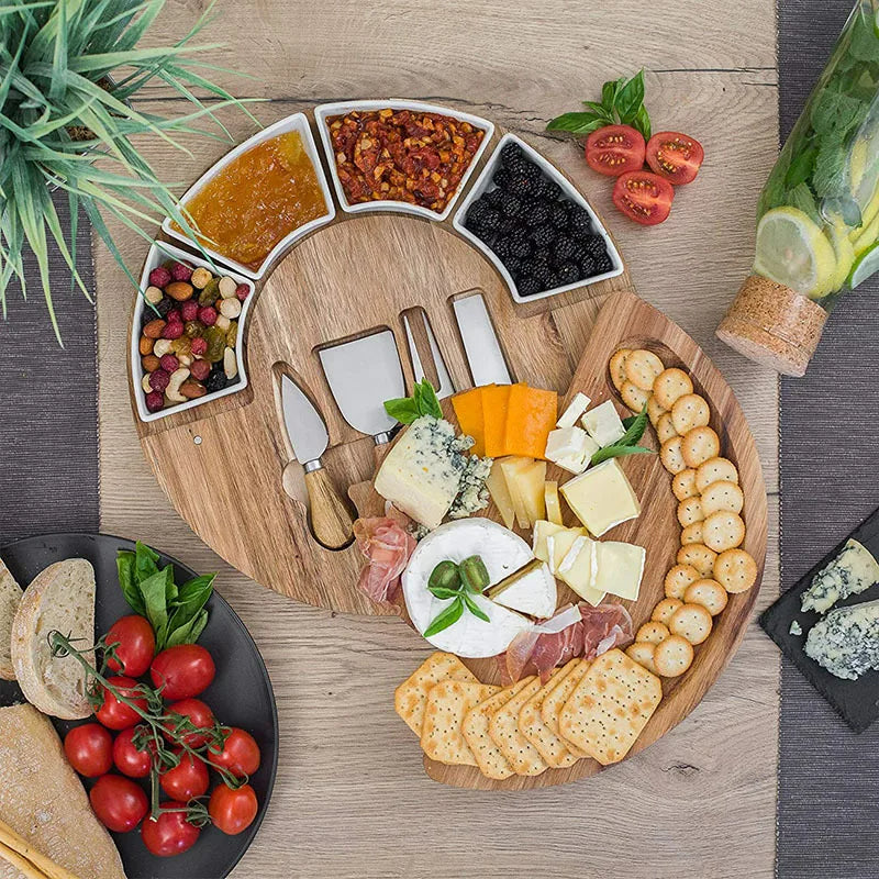 Round Wooden Serving Tray with Ceramic Dishes & Spreaders – 13-Inch Host Platter | Thomler