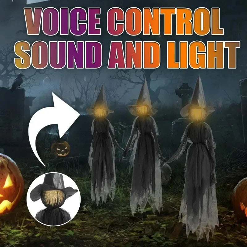 Sound-Activated Witch Trio Garden Stakes with Glowing Heads for Halloween Yard Decor | Thomler