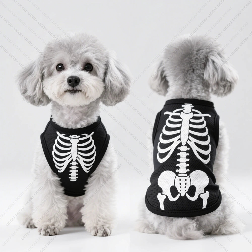 Bone Print Dog Tee – Airy Polyester Puppy Shirt, Fast-Drying Halloween Outfit for Tiny Dogs & Cats | Thomler