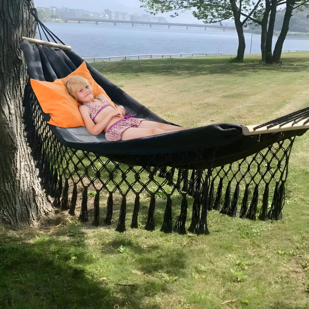 Cotton-Blend Hammock with Wood Spreader Bar for Patio, Yard & Balcony – Boho Lounge Swing | Thomler