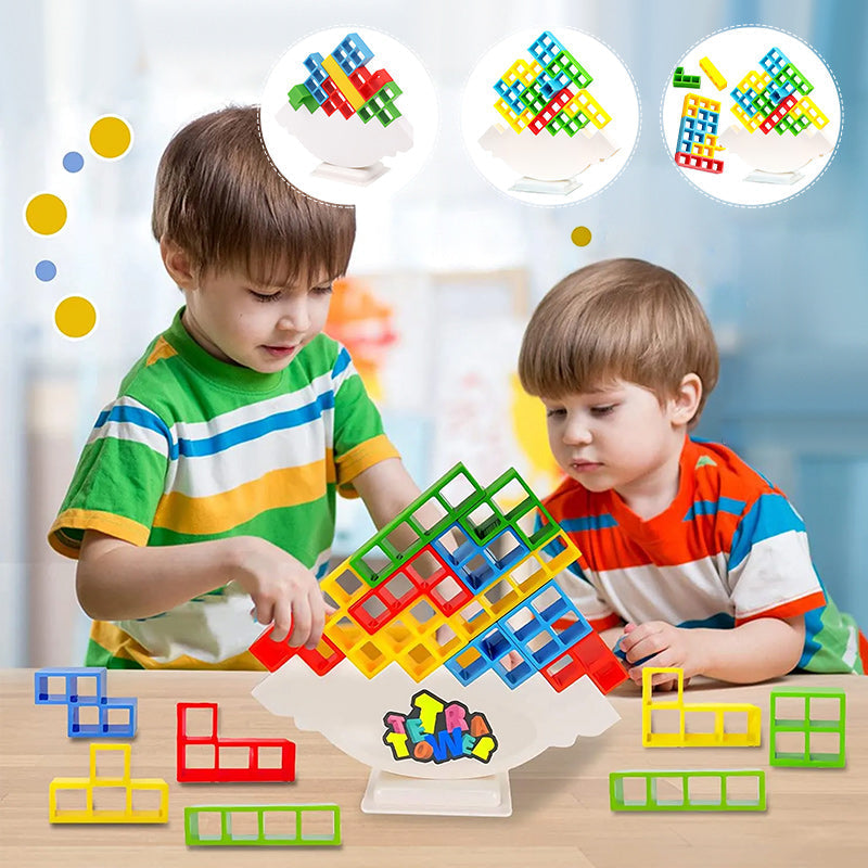 Wooden Stacking Tower Game for Kids - Tumbling Block Balance Challenge with Colorful Tetris Shapes for Toddlers & Children Ages 3+ | Thomler