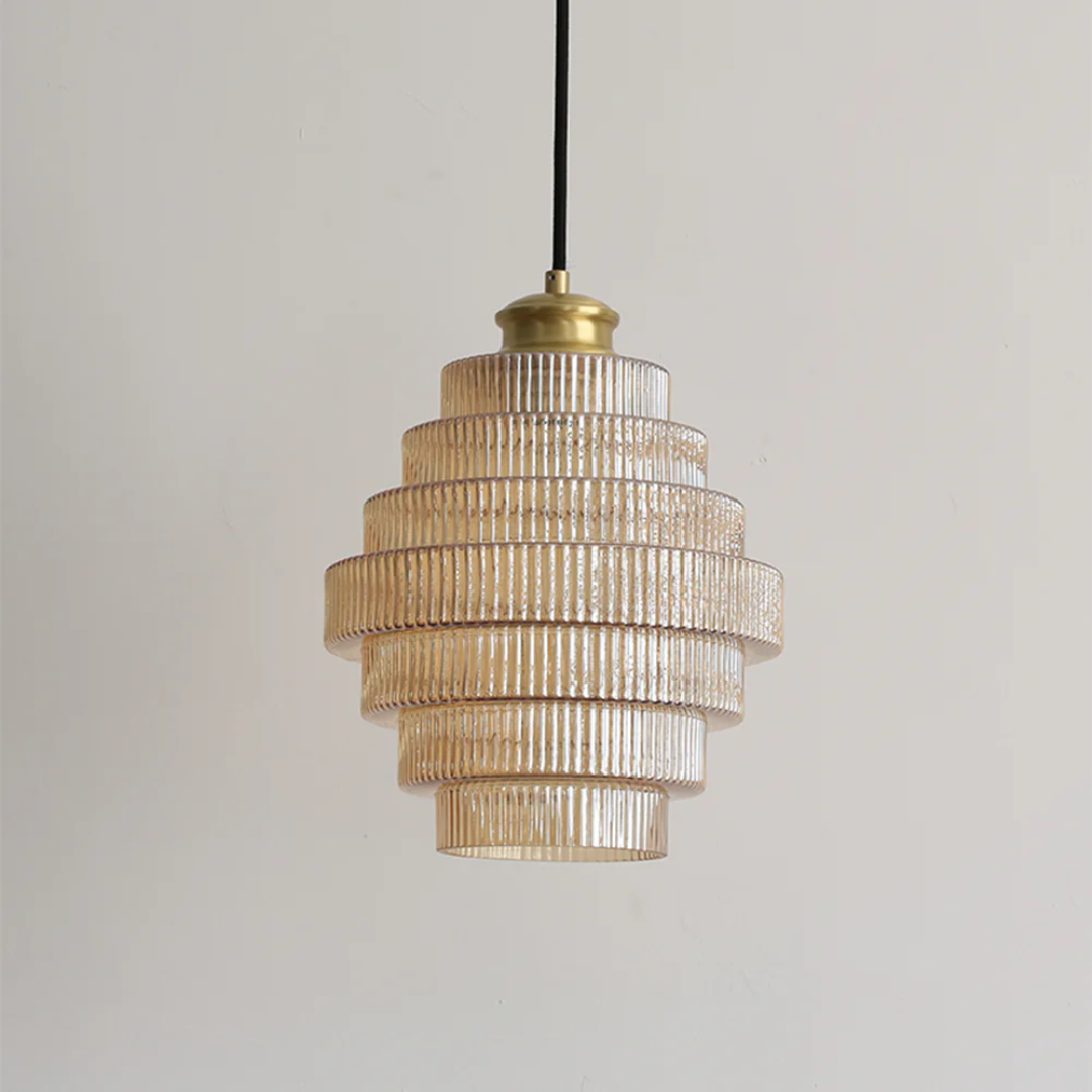 Pendant Light Ribbed Glass Brass Layered Shade Dining Room Kitchen Island Hanging Ceiling Lamp | Thomler