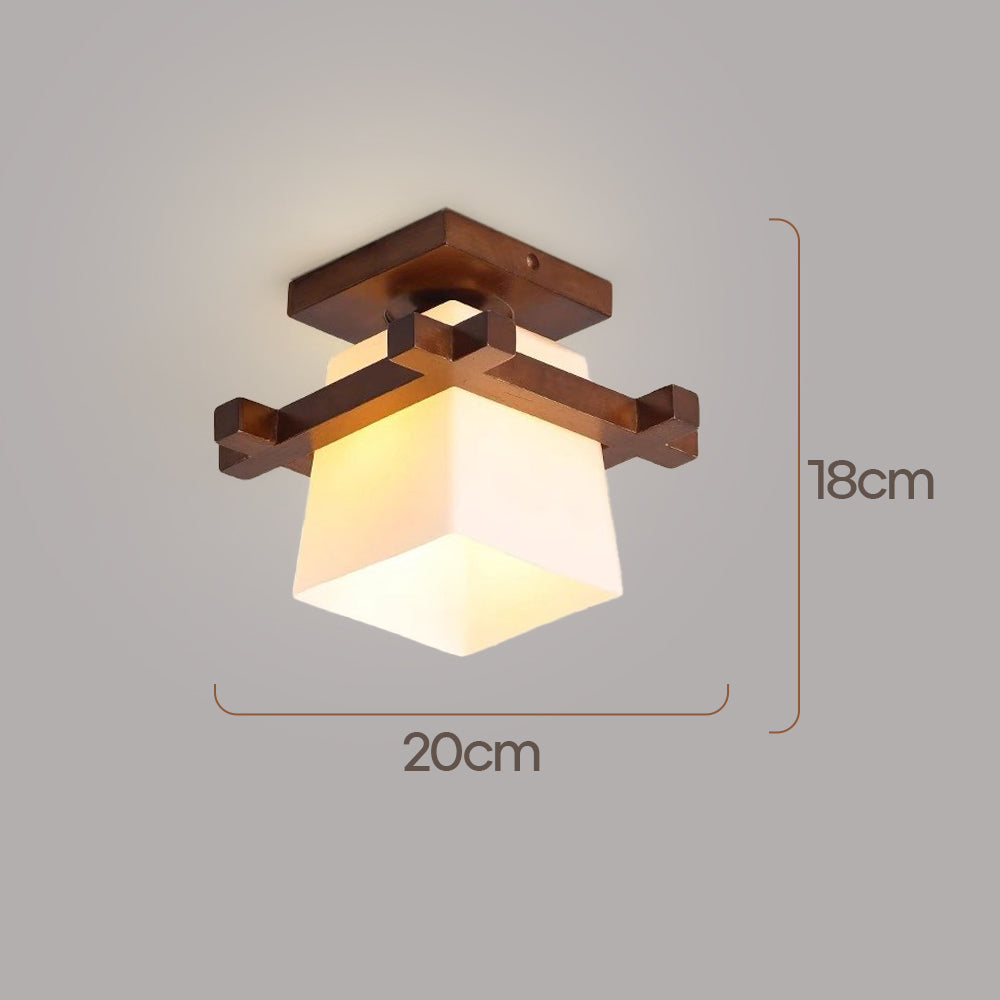 Ceiling Light Wood E27 20.0 cm White Japandi Hallway Bedroom Living Room Square Flush Mount Lamp | Thomler