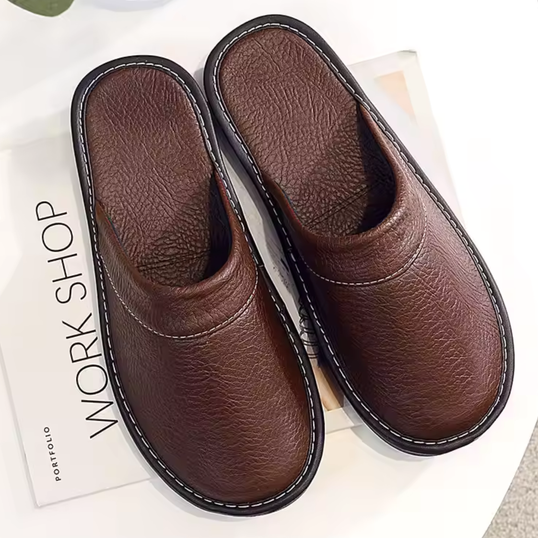 Cushioned Backless Indoor Footwear for Men with Textured Outsole & Faux Leather Finish | Thomler