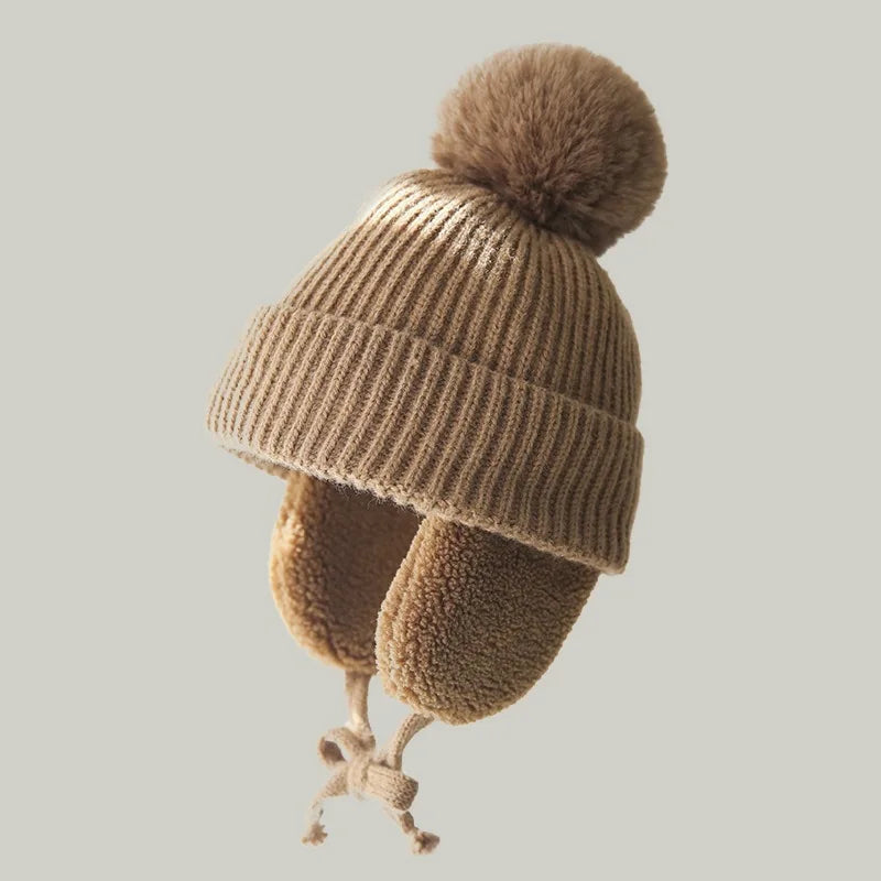 Plush-Lined Toddler Winter Cap with Chin Tie and Ear Covers – Warm Knitted Cold-Weather Headwear for Boys and Girls Age 2-8 | Thomler