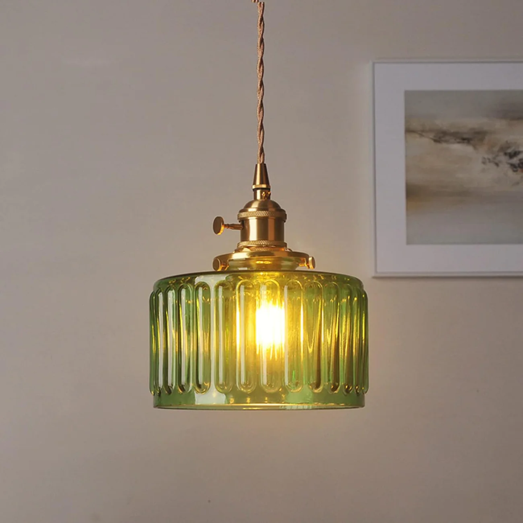Pendant Light Ribbed Glass E27 Green Adjustable 150.0 cm Dining Room Kitchen Island Hanging Ceiling Lamp | Thomler