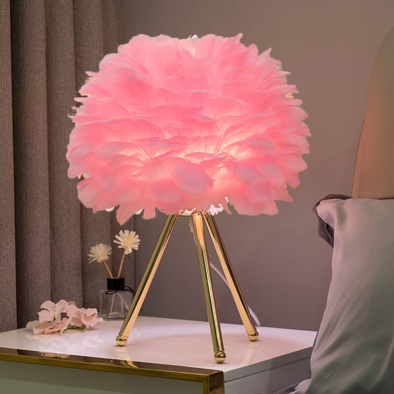 Plume Shade Accent Lamp with Gold Three-Leg Stand – Natural Texture for Bedroom, Desk & Nursery Vanity | Thomler