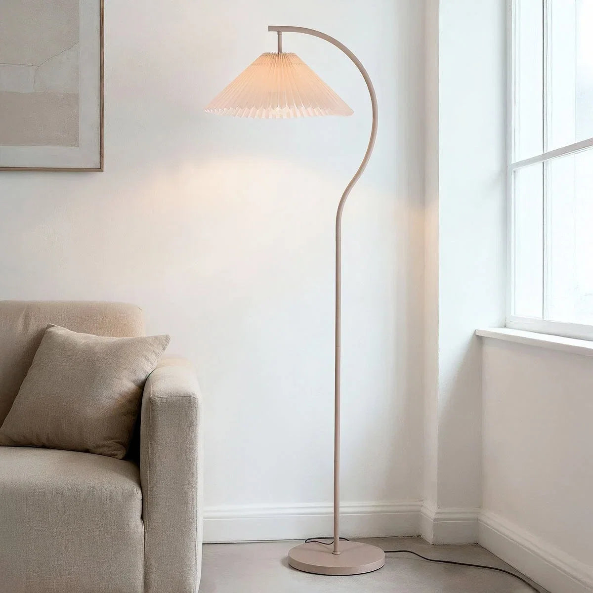 Arched Floor Lamp with Pleated Fabric Shade for Living Room, Bedroom & Reading Nook – Beige Linen Finish, E26 Socket, Foot Switch, 60 in | Thomler