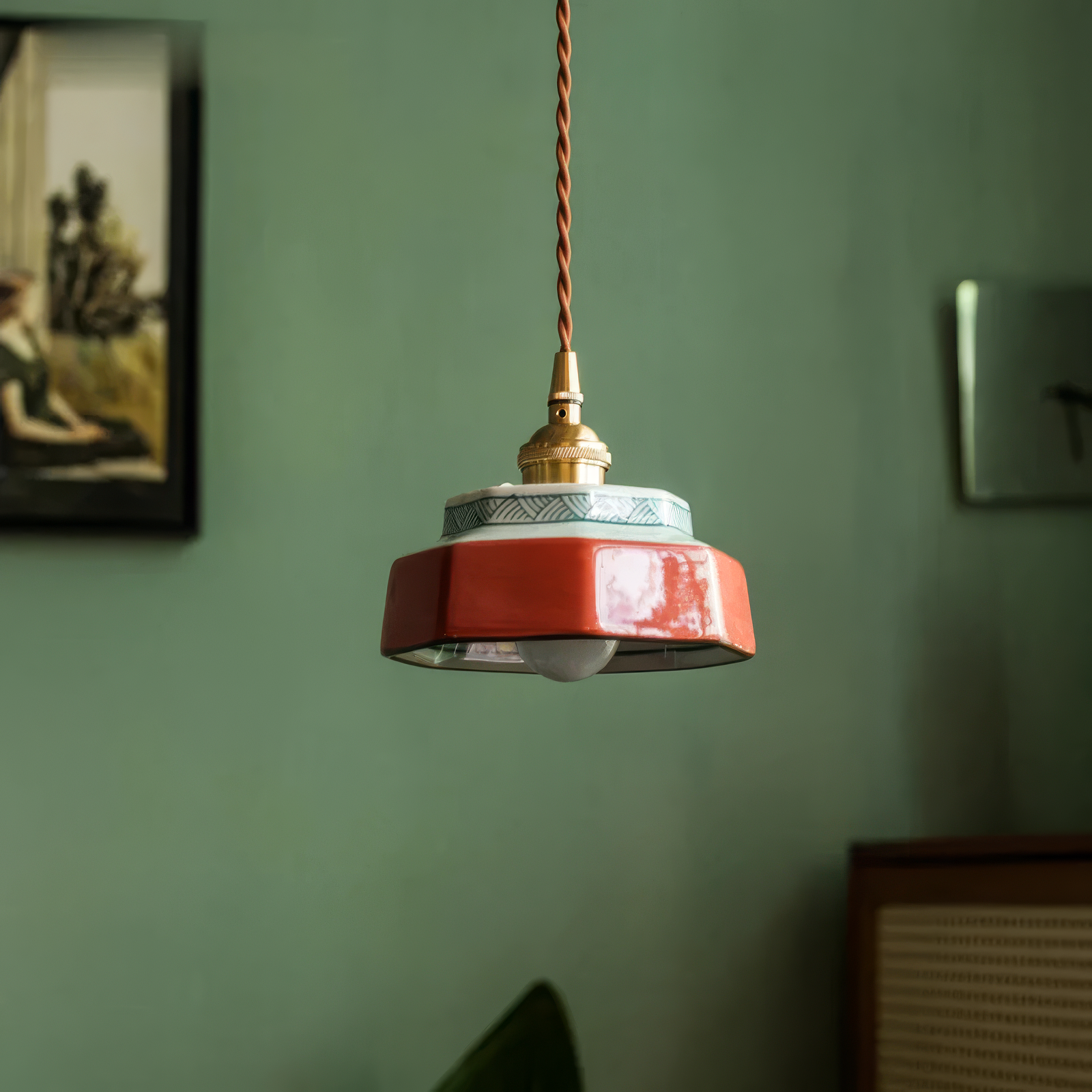 Ceramic Hanging Lamp with Hand-Painted Design & Copper Socket for Kitchen Island, Dining Room, Bedroom & Cafe | Scandinavian Style Fixture | Thomler