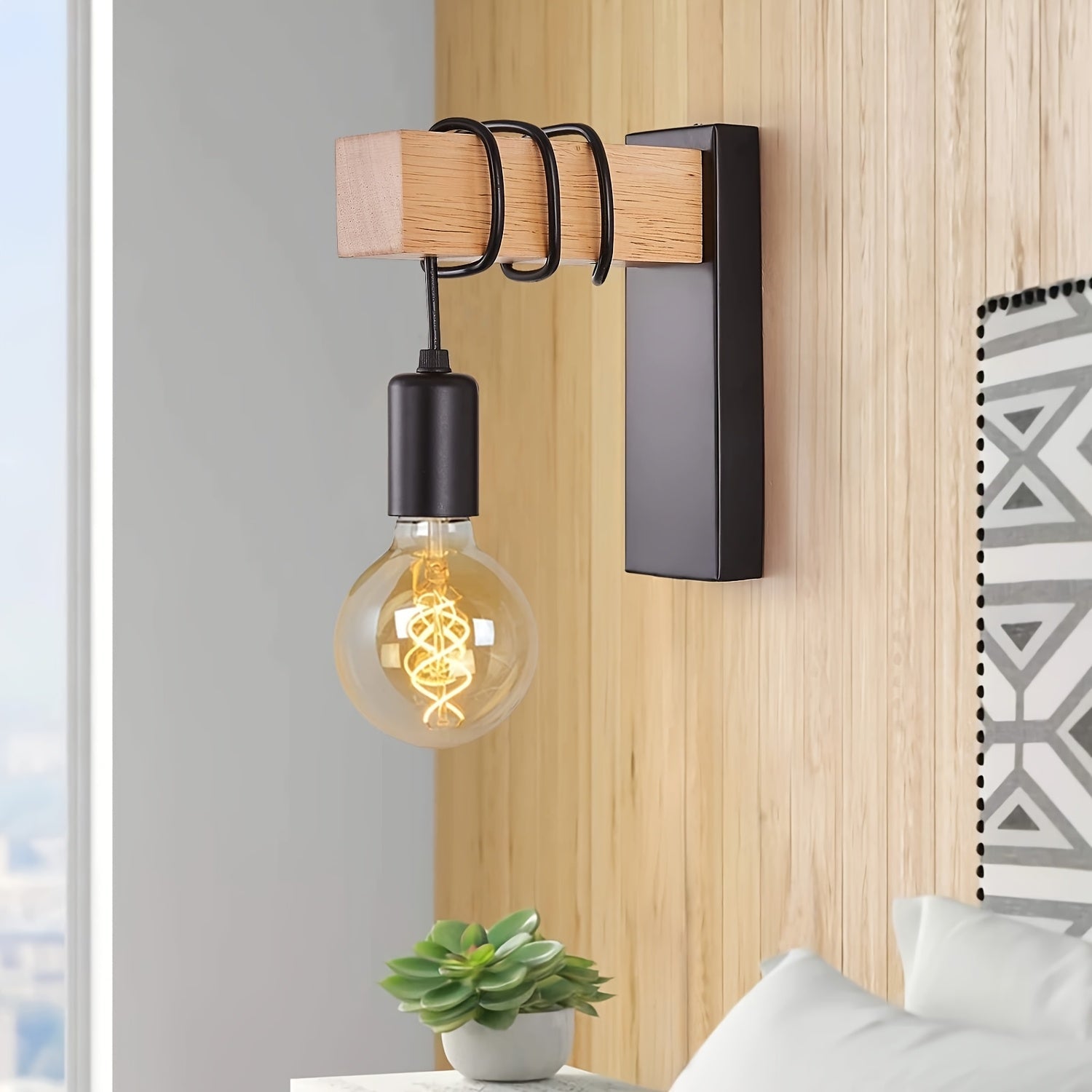 Metal and Wood Wall Light Fixture with E27 Socket – Modern Rustic Sconce for Hallway Bedroom Living Room – Semi-Flush Mount Design | Thomler