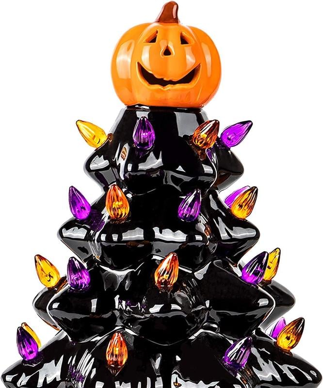 Battery-Powered Ceramic Tree with Purple & Orange Bead Lights – Spooky Holiday Accent for Desktop, Shelf & Mantle | Thomler