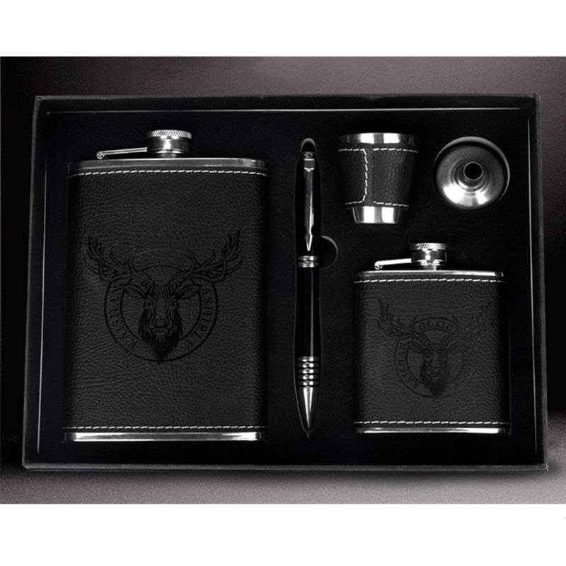 Stainless Steel Hip Flask Gift Set with Leather Wrap Whisky Cognac Travel | Thomler