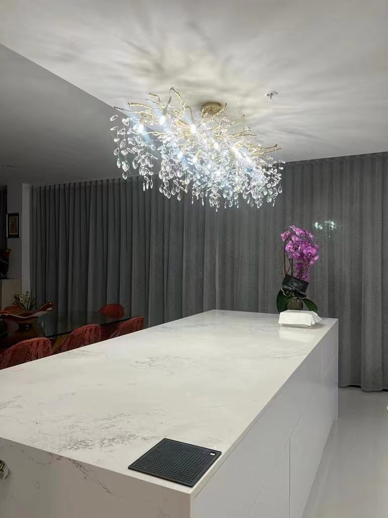 Crystal Chandelier with Tree-Inspired Arms – Aluminum & Glass Fixture for Dining Room, Living Room, Foyer | Thomler