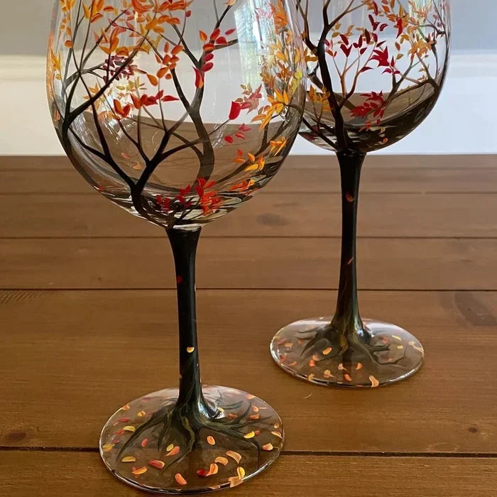 Hand-Painted Seasonal Tree Wine Glasses – Artisan Stemware with Four Seasons Design for Home & Gift | Thomler