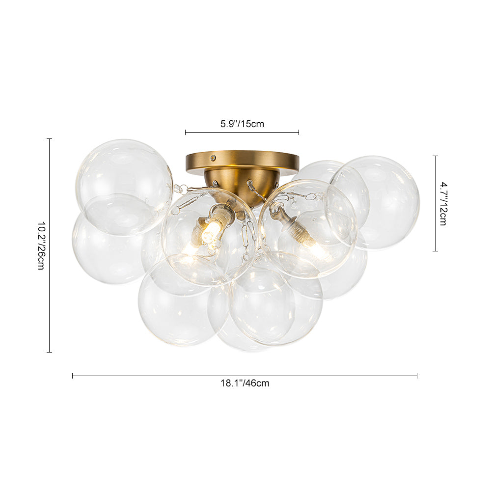 Clear Glass Globe Semi-Flush Ceiling Light, 3-Bulb Brushed Metal Cluster Fixture for Dining Room, Bedroom, Entryway, Bathroom | Thomler