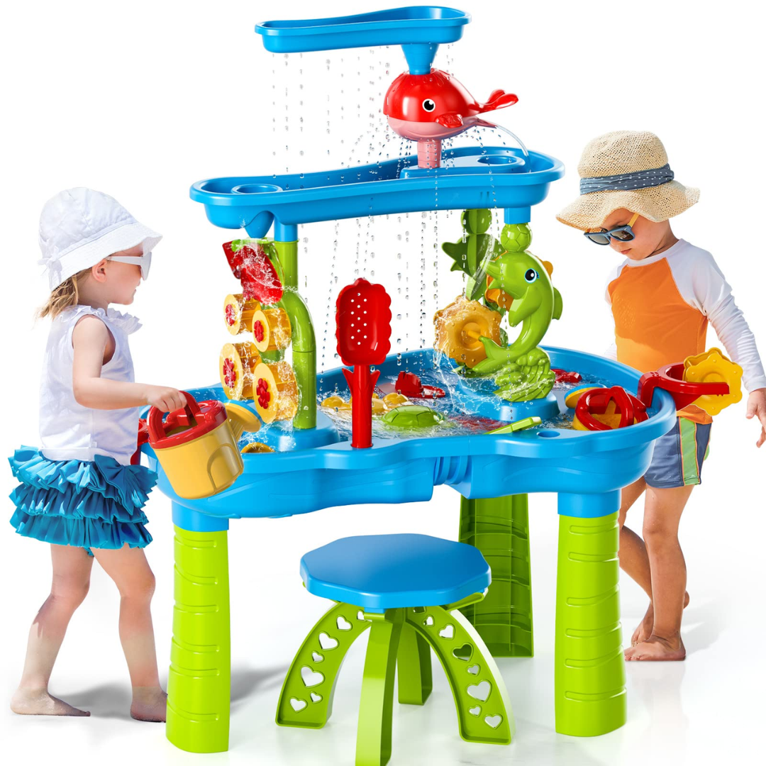 Kids' Outdoor Sand & Water Activity Station with 15 Play Tools – Multi-Level Sensory Table for Toddlers & Preschoolers | Thomler