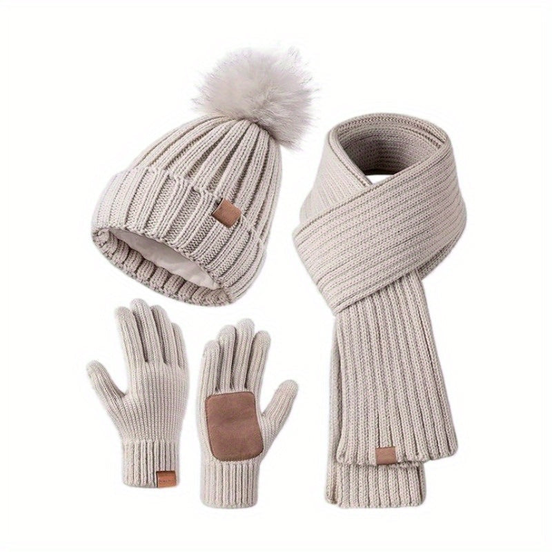 Cold Weather Accessory Bundle Hat Scarf Gloves Plush Knit Touchscreen Fingertips Winter Warmth Outdoor Commute Skiing Hiking Daily Wear Men | Thomler