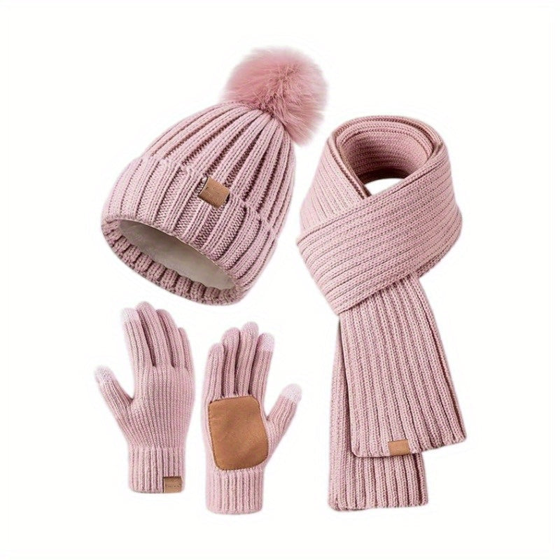 Cold Weather Accessory Bundle Hat Scarf Gloves Plush Knit Touchscreen Fingertips Winter Warmth Outdoor Commute Skiing Hiking Daily Wear Men | Thomler