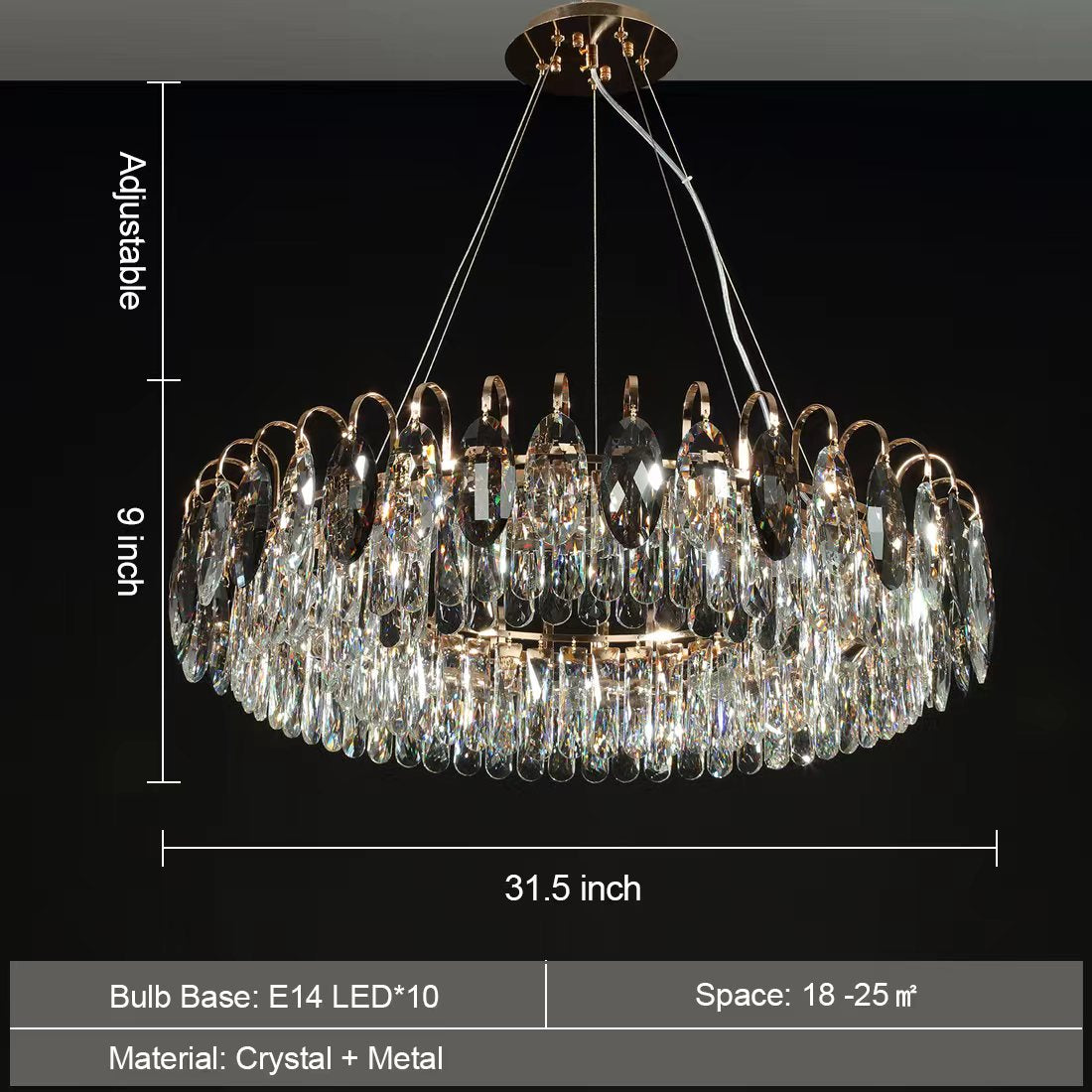 Dimmable Crystal Chandelier for Dining Room & Living Room – Adjustable Chain, Faceted Prisms, Multiple Sizes – Round & Rectangle | Thomler
