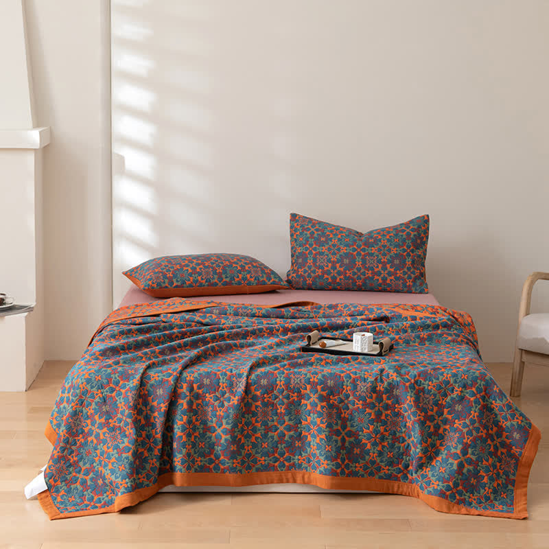 Six-Layer Cotton Quilt Reversible Lightweight Blanket Orange Blue Geometric Pattern for Year-Round Comfort Bedroom Guest Room | Thomler