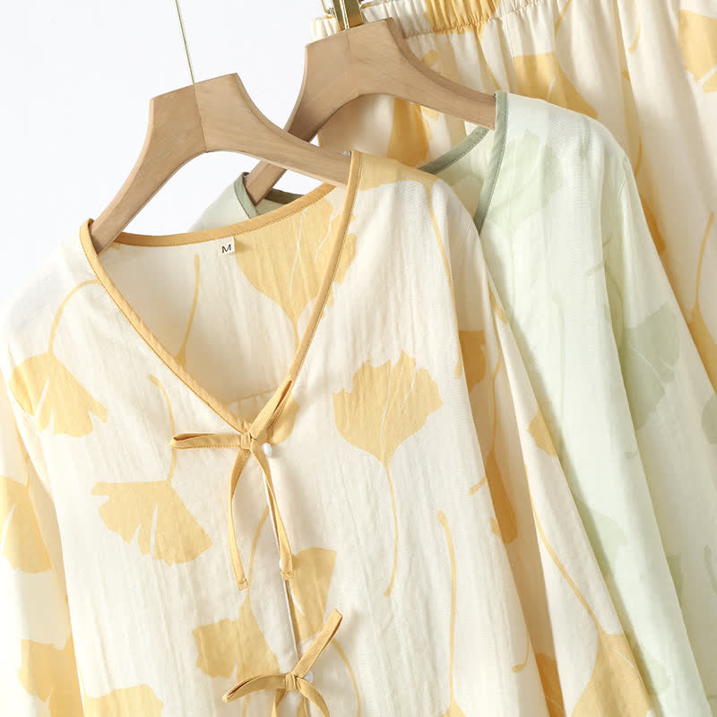 Women's Cotton Pajama Set with Ginkgo Leaf Print and Bow Tie Detail for Lounging at Home | Thomler