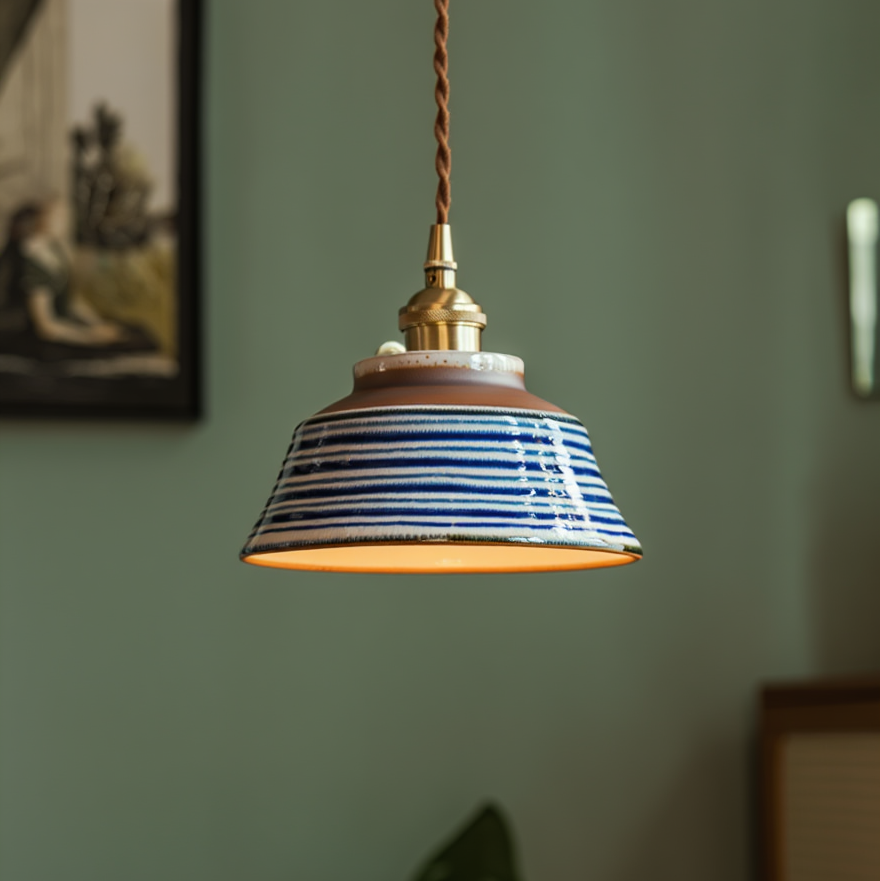 Ceramic Hanging Light Fixture with Unique Floral Designs for Kitchen, Dining Room, Cafe | Artisan Crafted Copper Hardware Pendant Lamp | Thomler