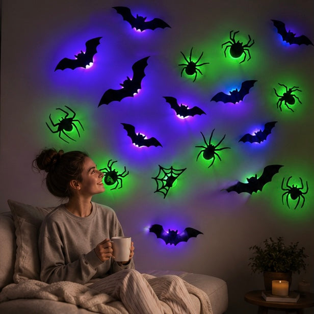 Light-Up Halloween Bat & Spider Stickers – 3D Glow Decals for Spooky Party Walls & Windows | Thomler