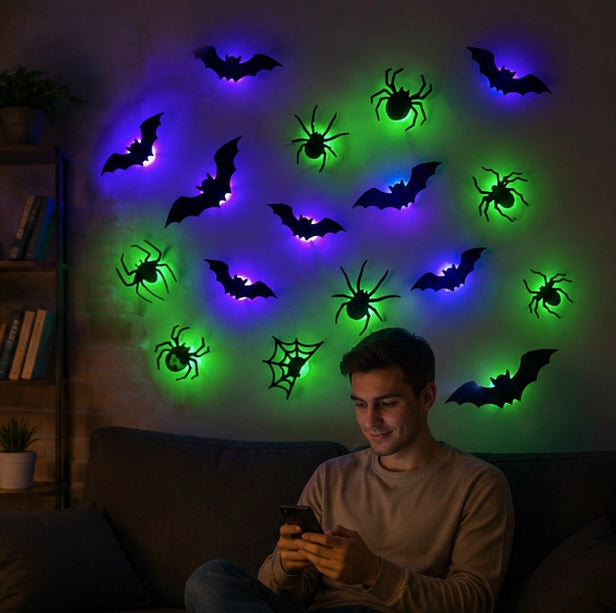 Light-Up Halloween Bat & Spider Stickers – 3D Glow Decals for Spooky Party Walls & Windows | Thomler