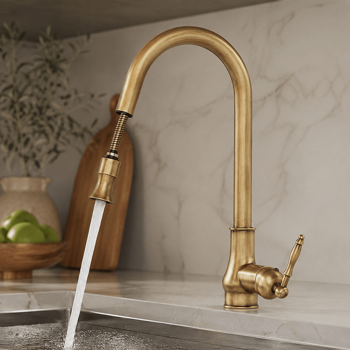 Pull-Down Kitchen Faucet in Antique Bronze – Solid Brass Construction for Sink & Dishwashing | Thomler