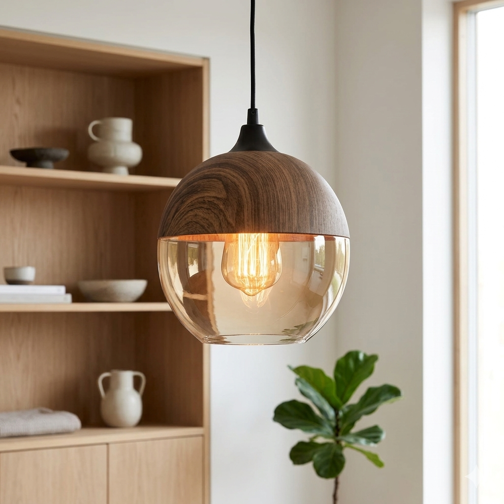 Pendant Light Wood Metal Tinted Glass 25.4 cm Adjustable Indoor Dining Living Room Hanging Ceiling Lamp | Thomler