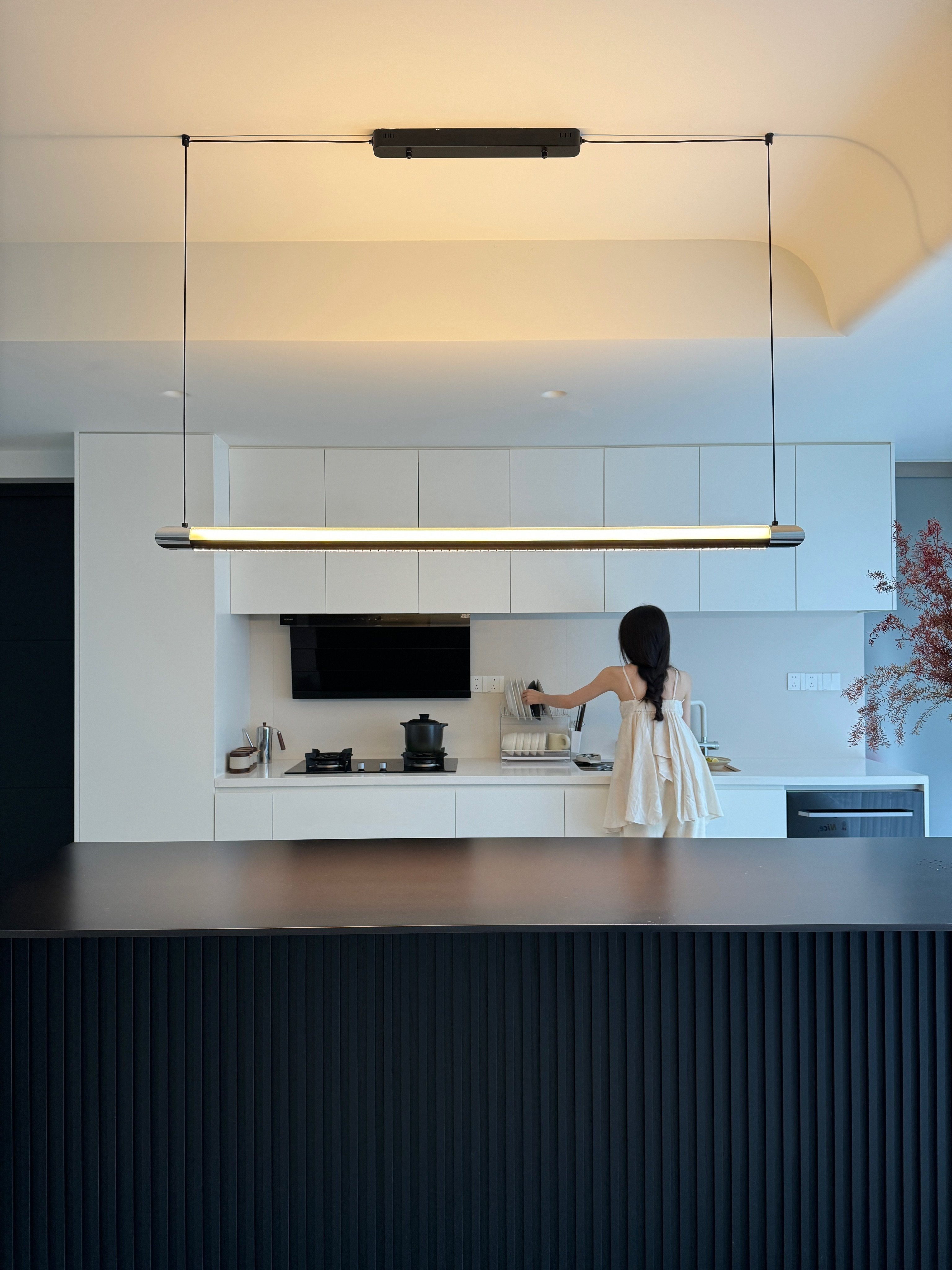 Pendant Light Metal Linear 35 in Adjustable Kitchen Dining Room LED Remote Dimmable Modern Ceiling Fixture | Thomler